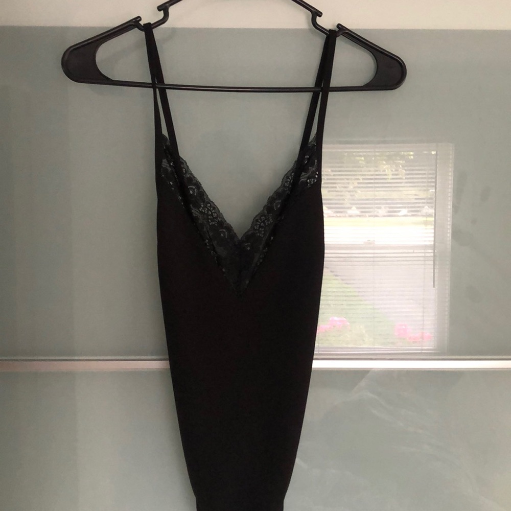 Black lace strapped bodysuit